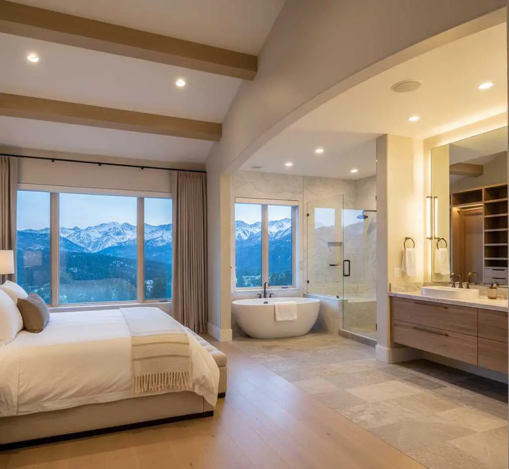 Luxury primary suite addition featuring bedroom and spa-like bathroom in Colorado