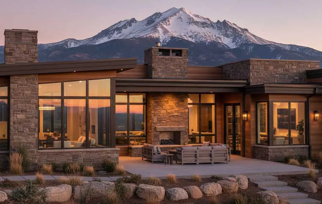 Modern luxury custom home in Colorado Springs with mountain views and contemporary architecture featuring large windows and outdoor living space