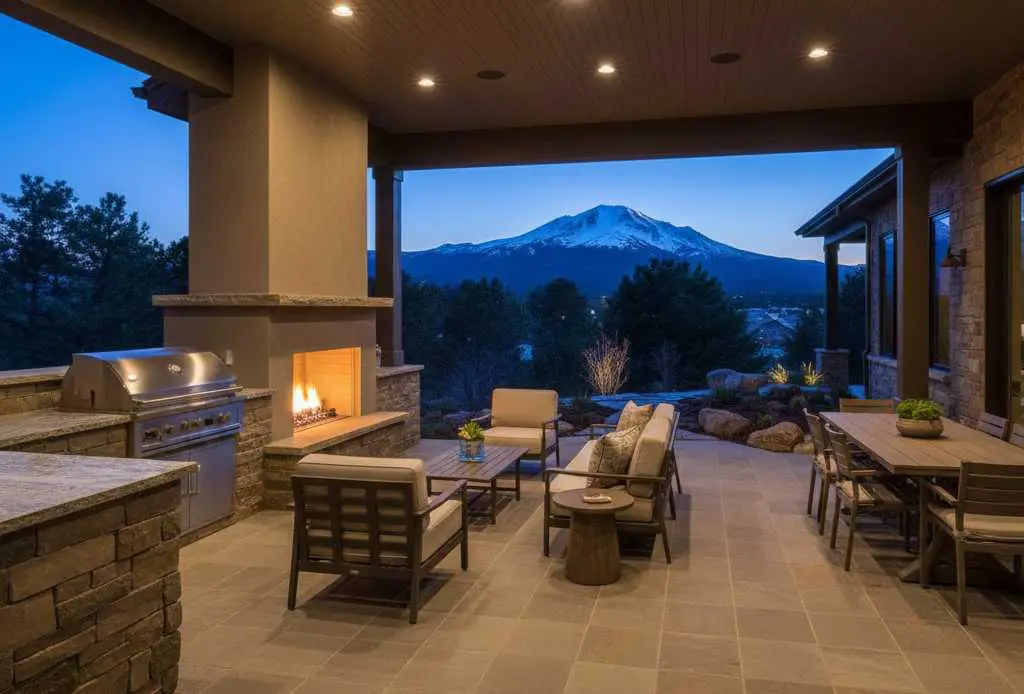 Luxury outdoor living space with covered patio, outdoor kitchen, fireplace, and mountain views in Colorado Springs custom home