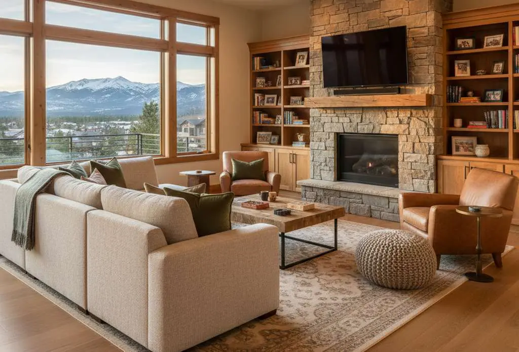 Spacious living room in multigenerational home Colorado Springs with mountain views
