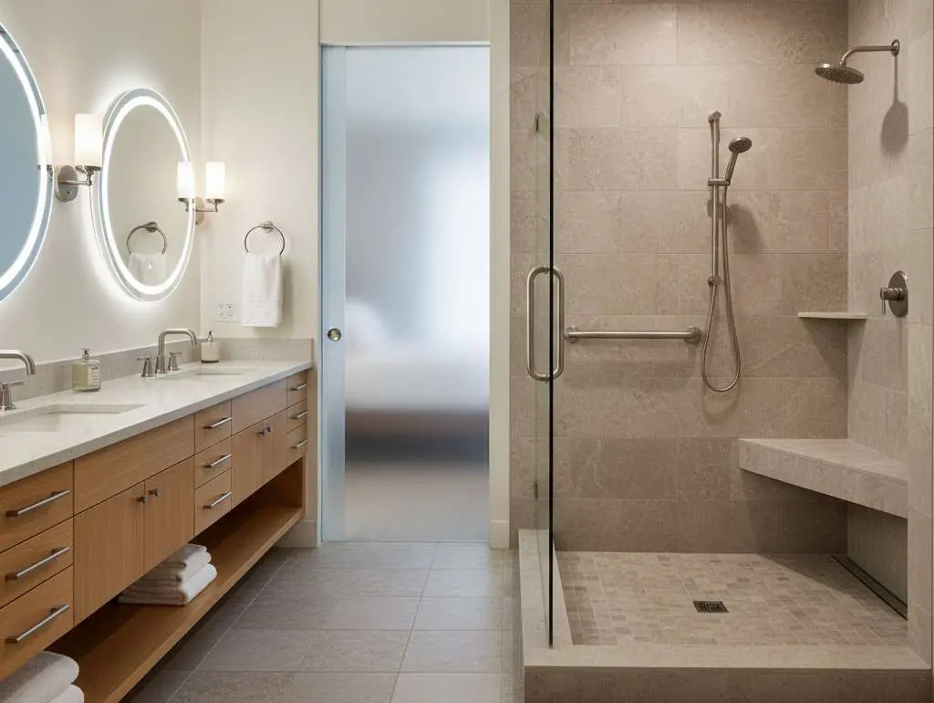 Accessible luxury master bathroom with walk-in shower and aging-in-place features in Colorado home