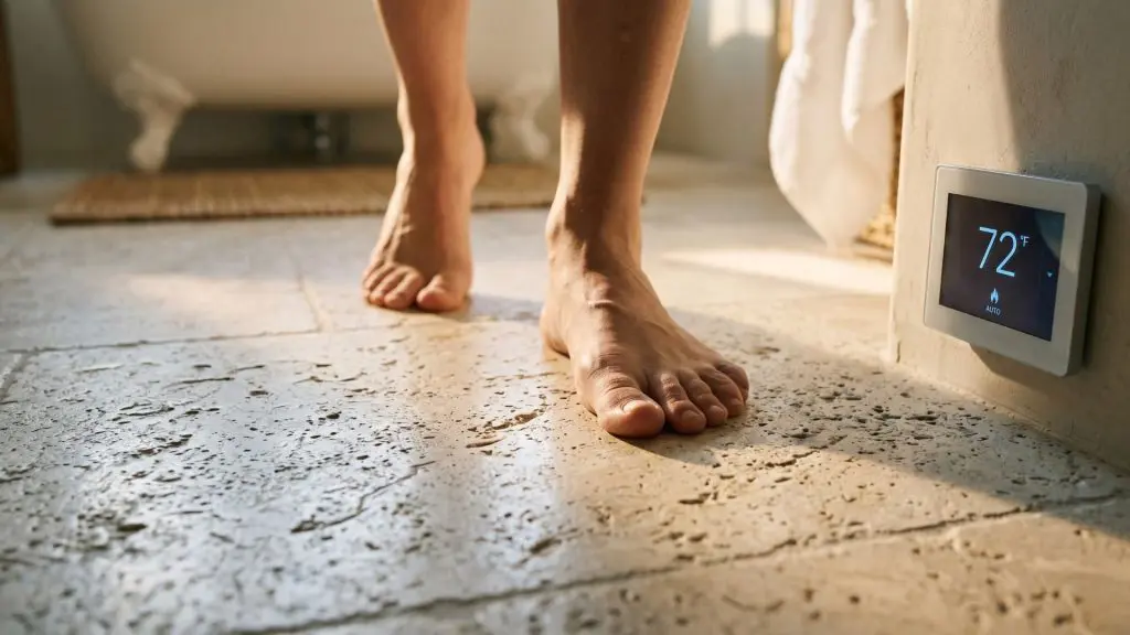 An essential upgrade to consider in your bathroom renovation cost: radiant heated stone floors for a comfortable master suite.