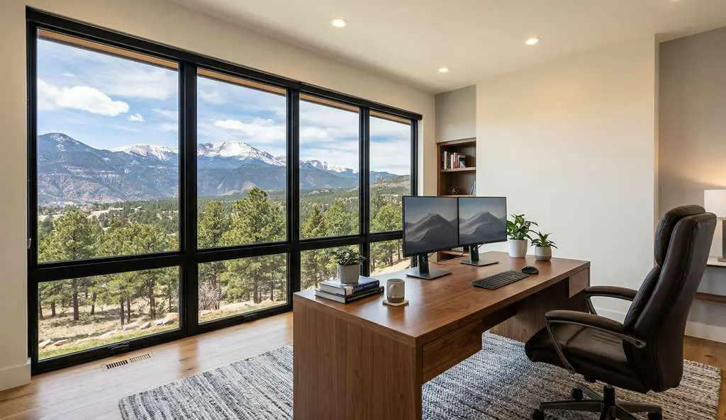 Luxury home office Colorado Springs with floor-to-ceiling windows and Pikes Peak mountain views