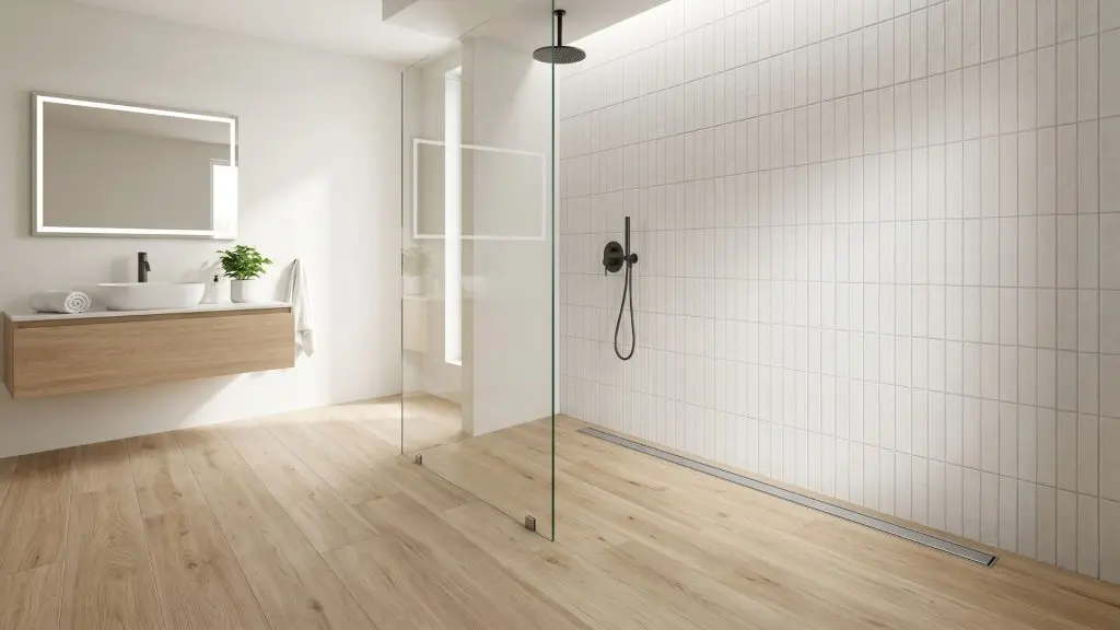 Modern luxury bathroom remodel showcasing a curbless walk-in shower with seamless tile flooring and frameless glass.