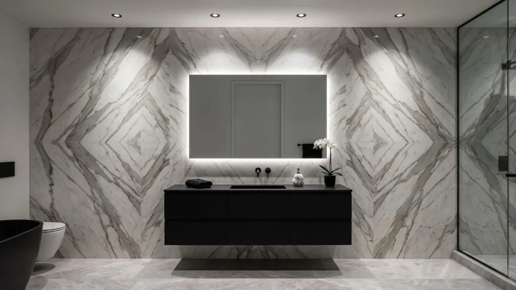 A high-end luxury bathroom remodel using book-matched natural stone slabs for a dramatic master suite feature wall.