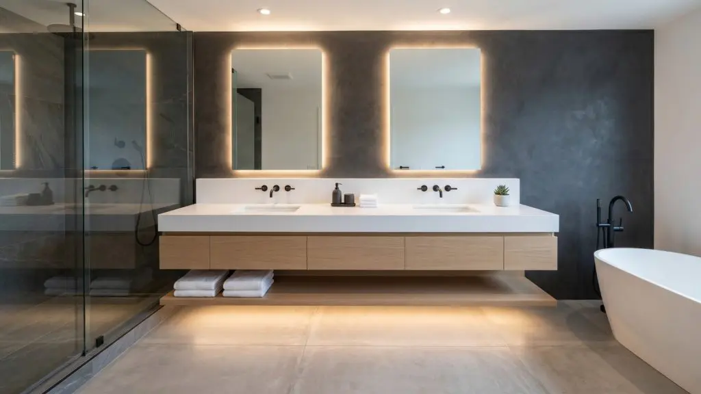 Modern master bathroom renovation ideas featuring a floating wood vanity with integrated LED toe-kick lighting.