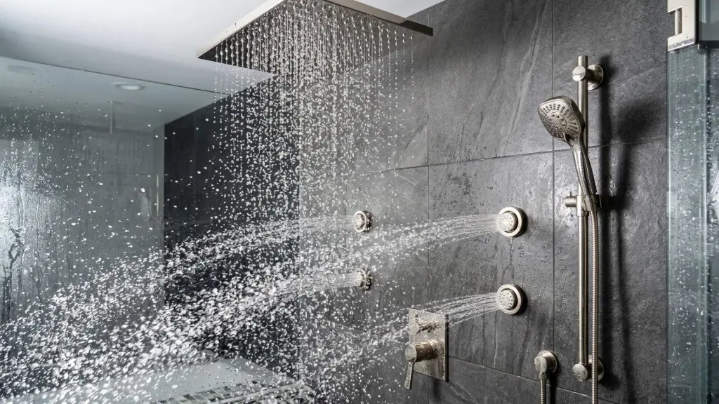 Advanced master bathroom renovation ideas featuring a ceiling-mounted rain head and wall-integrated body jets.