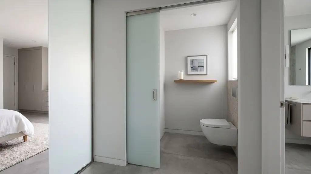 Functional master bathroom renovation ideas including a private water closet with a wall-hung toilet.