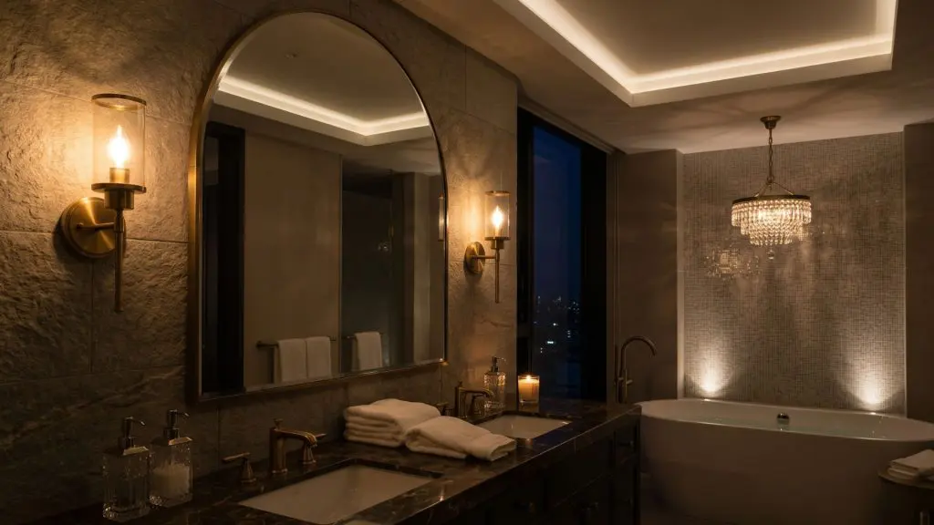 A professional spa bathroom design highlighting layered lighting with eye-level sconces and decorative pendants.