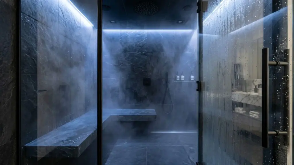 A high-end spa bathroom design featuring an enclosed steam shower with built-in seating and wellness lighting.