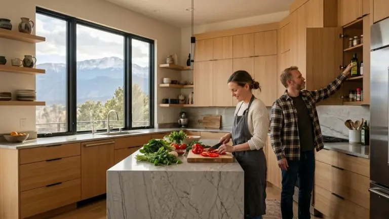 Kitchen remodel Colorado Springs featuring white oak cabinets and Pikes Peak views through large windows