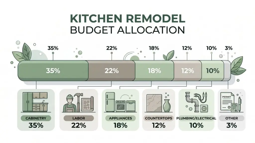 Kitchen remodel cost breakdown showing budget allocation percentages for cabinetry, countertops, appliances, and labor