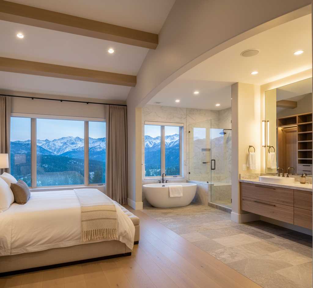 Luxury primary suite addition featuring bedroom and spa-like bathroom in Colorado