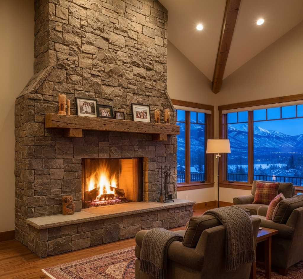 Stone Fireplace Floor-to-ceiling stone fireplace ideas with natural ledgestone in luxury home
