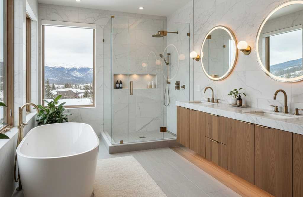 Spa-inspired luxury primary bathroom with freestanding tub, walk-in shower, and elegant finishes in Colorado Springs custom home