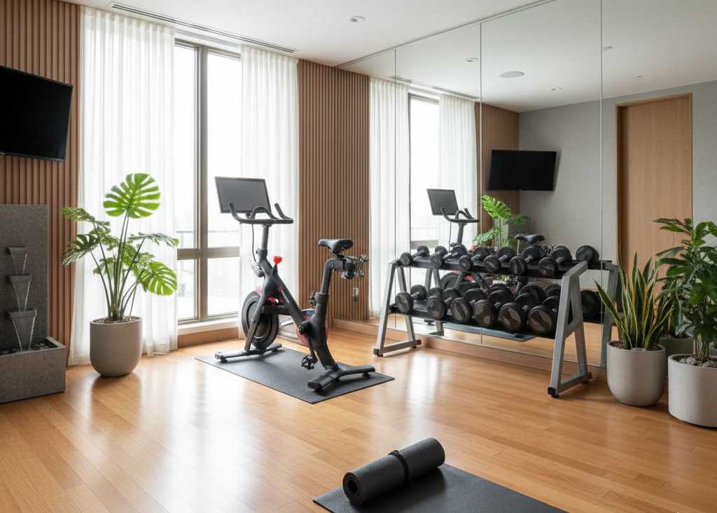 Home wellness room and fitness center with yoga space, exercise equipment, and natural lighting in luxury Colorado home