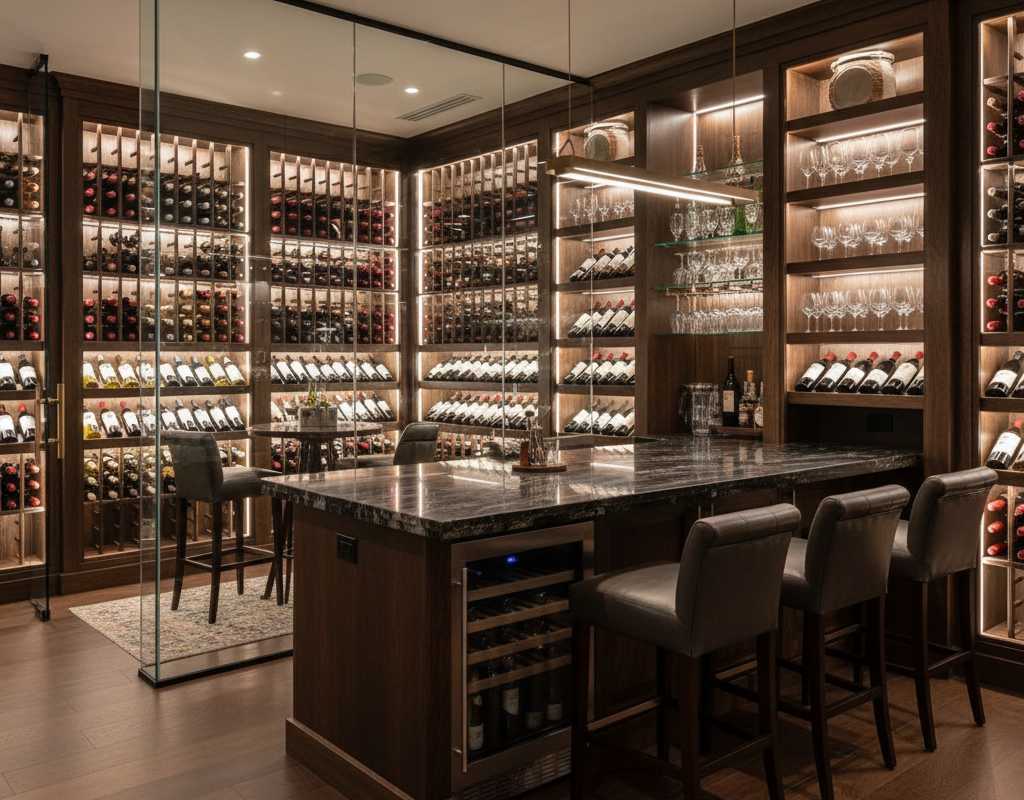 Custom wine cellar and entertainment bar with temperature control, display racking, and sophisticated design in Colorado Springs luxury home