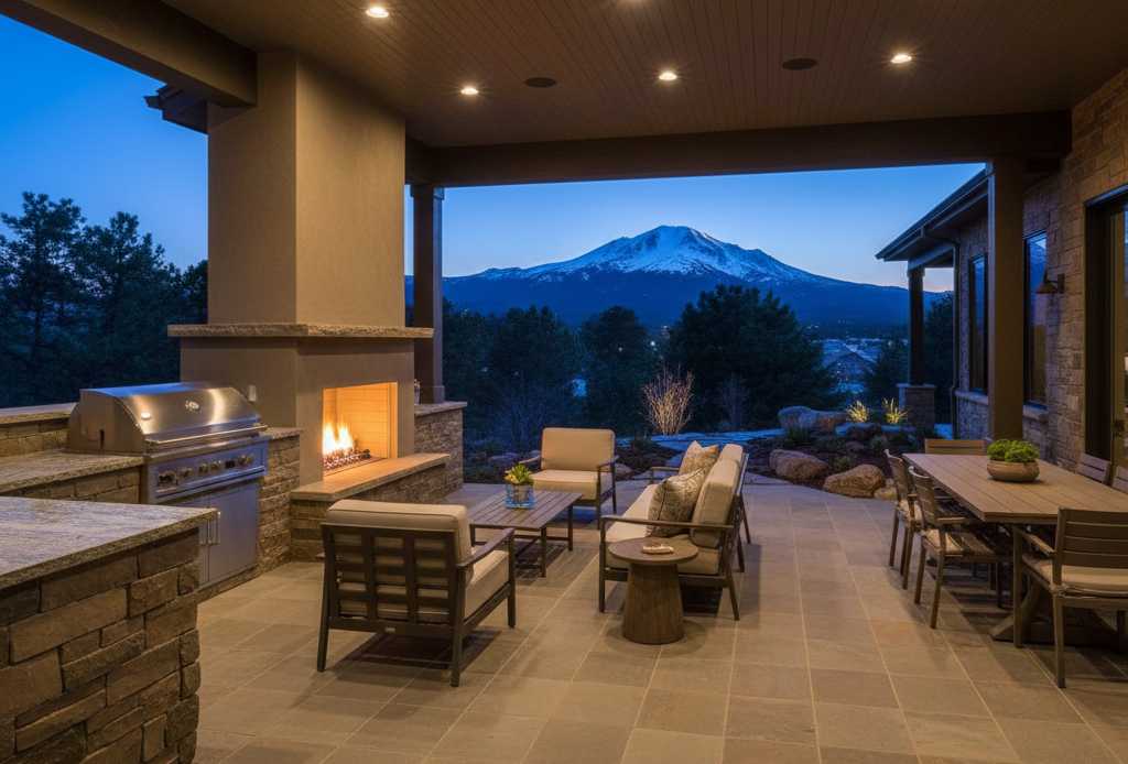 Luxury outdoor living space with covered patio, outdoor kitchen, fireplace, and mountain views in Colorado Springs custom home