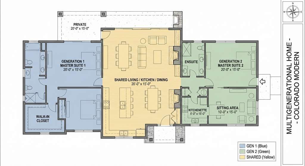 Multigenerational home plans Colorado Springs showing dual master suites, separate entrance, and privacy zones