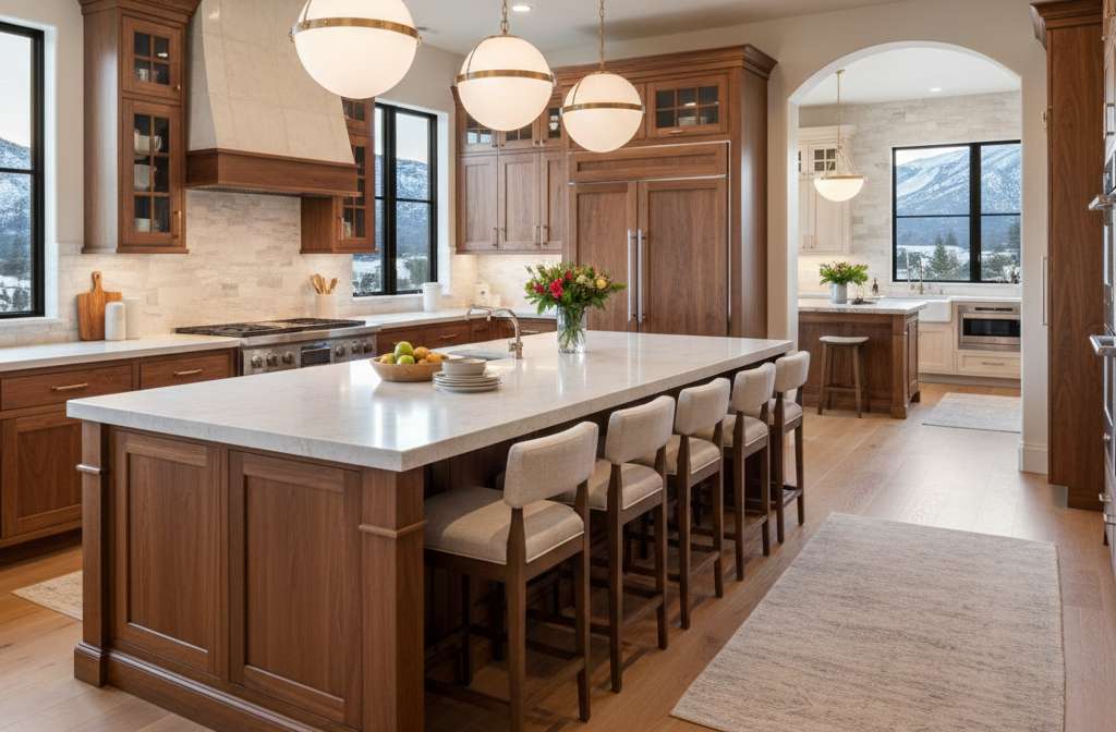Gourmet kitchen in Colorado Springs multigenerational home with island seating and modern finishes