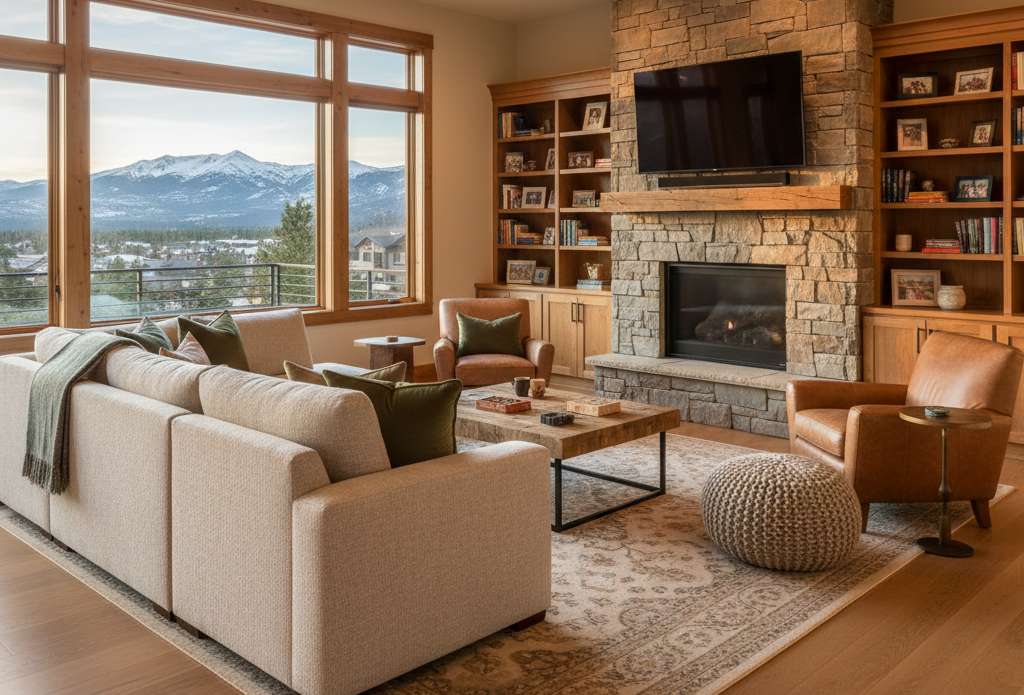 Spacious living room in multigenerational home Colorado Springs with mountain views