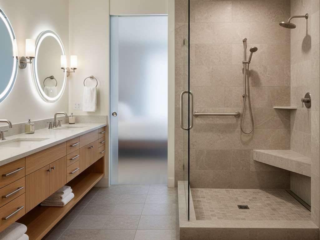 Accessible luxury master bathroom with walk-in shower and aging-in-place features in Colorado home