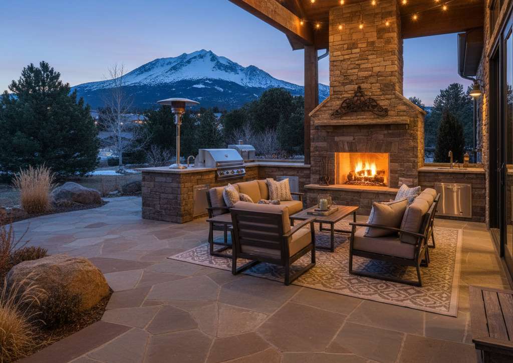 Covered patio outdoor living area for multigenerational home with Pikes Peak views