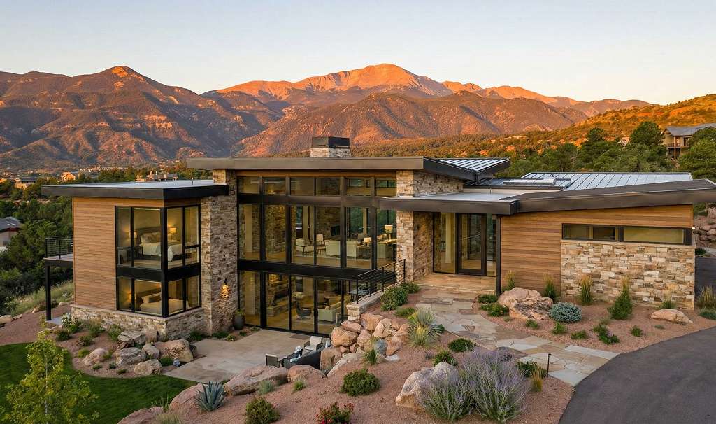 Modern mountain home exterior Colorado Springs with glass walls, natural stone, and Pikes Peak mountain views