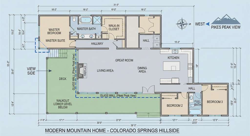 Modern mountain home floor plan Colorado Springs showing open great room, floor-to-ceiling glass, and hillside walkout design