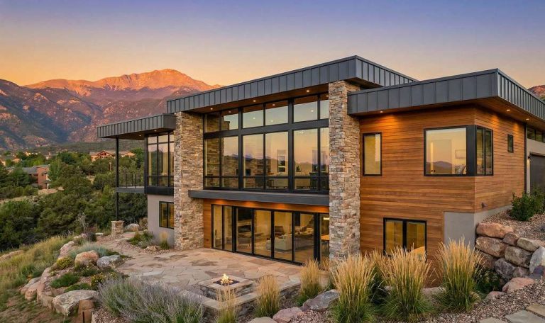 Modern mountain home floor plans Colorado Springs with contemporary glass and stone architecture and Pikes Peak views