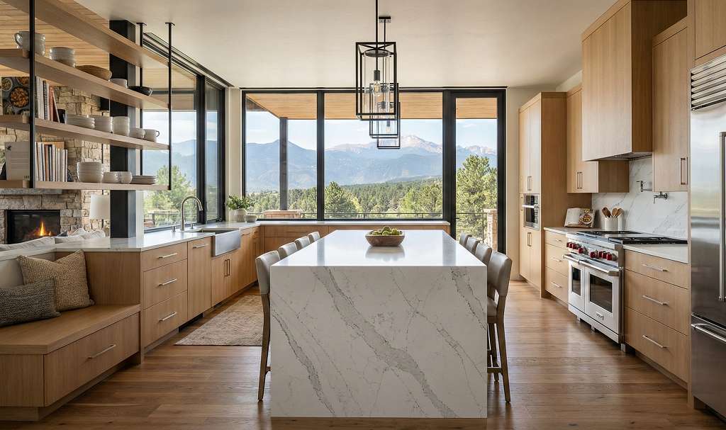 Modern kitchen in Colorado mountain home with floor-to-ceiling windows and views