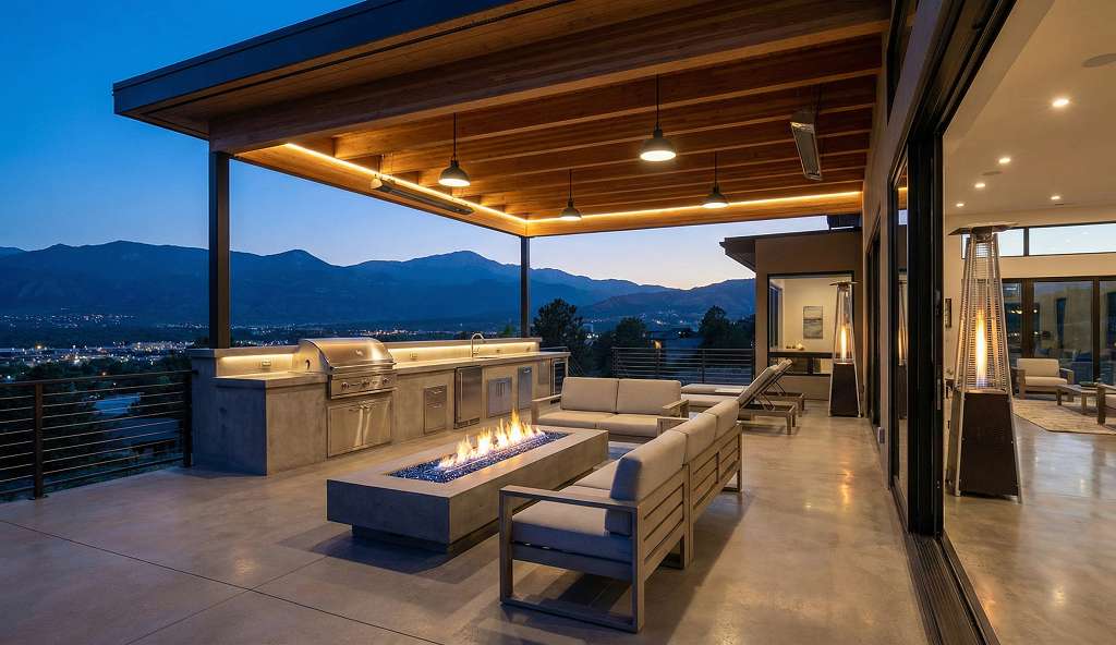 Covered outdoor living for modern mountain home with Pikes Peak views and fire feature