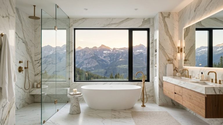 Luxury master bathroom renovation with freestanding tub and mountain views in Colorado home