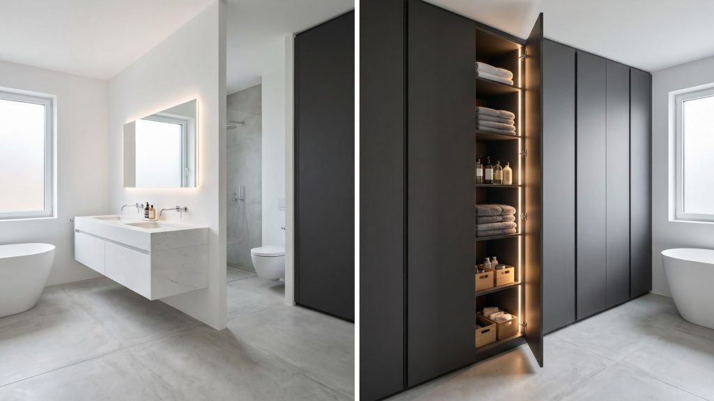 How to maximize your bathroom renovation cost by adding custom hidden storage and built-in cabinetry.