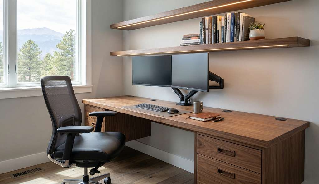 Custom home office Colorado Springs with built-in walnut desk, floating shelves, and organized workspace