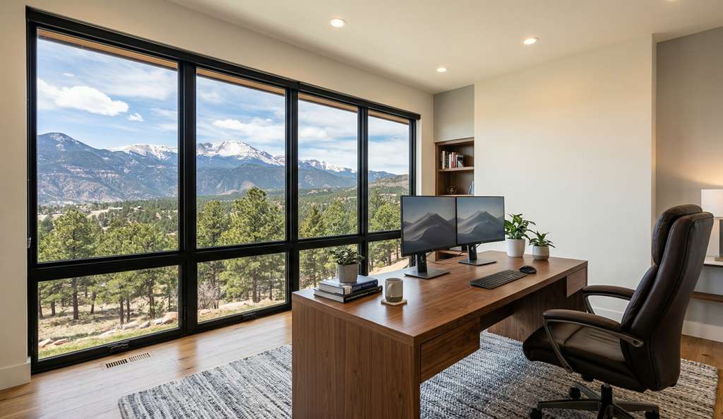 Luxury home office Colorado Springs with floor-to-ceiling windows and Pikes Peak mountain views
