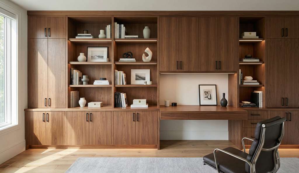 Home office built-in cabinetry and storage in Colorado custom home