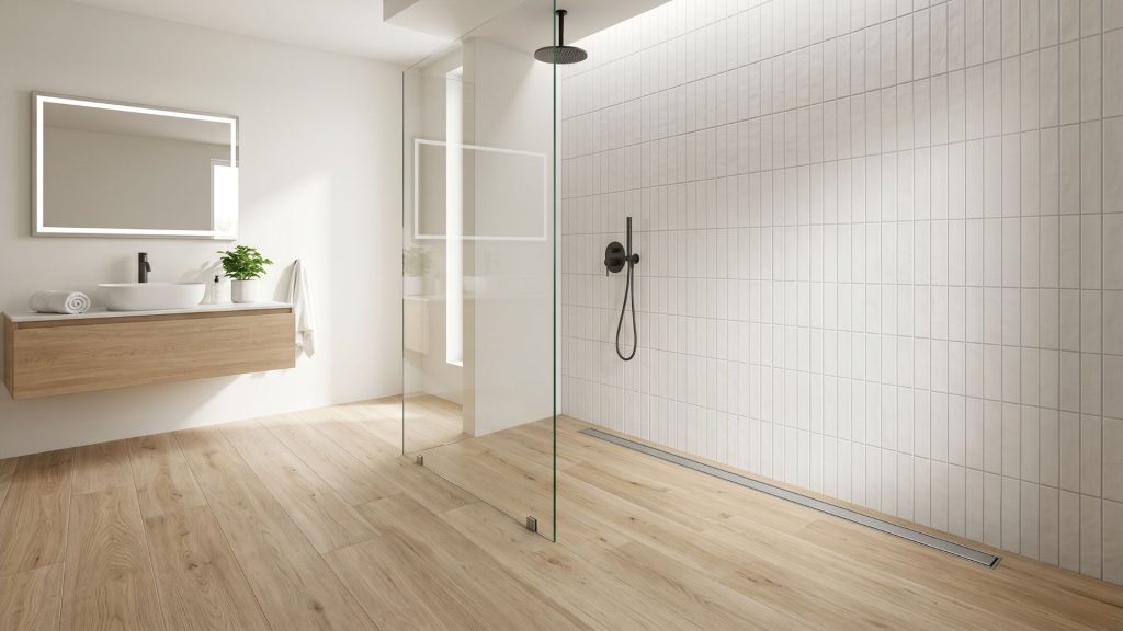Modern luxury bathroom remodel showcasing a curbless walk-in shower with seamless tile flooring and frameless glass.