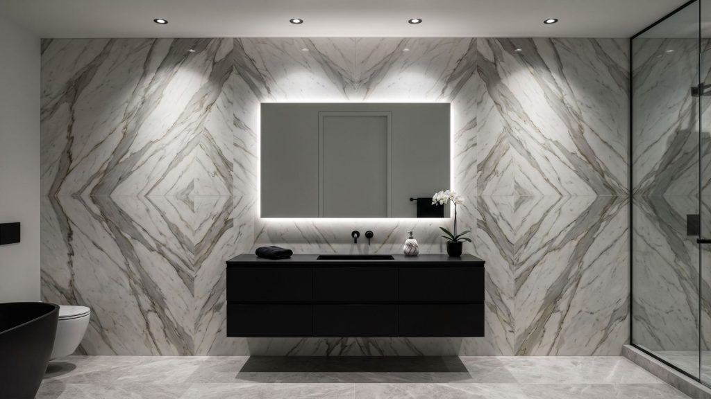 A high-end luxury bathroom remodel using book-matched natural stone slabs for a dramatic master suite feature wall.