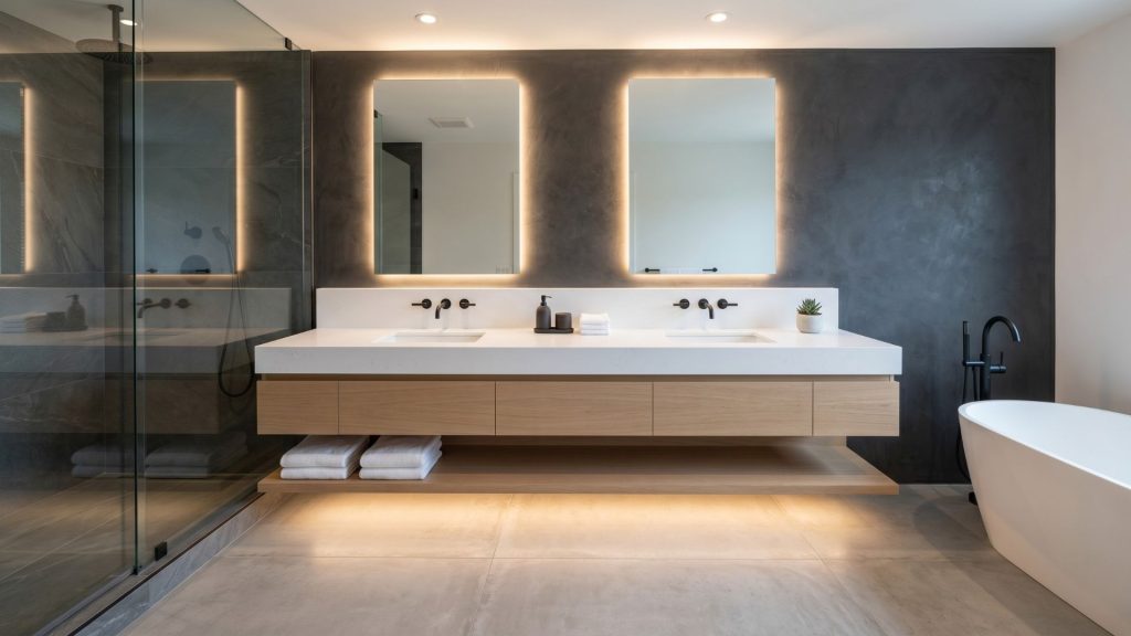 Modern master bathroom renovation ideas featuring a floating wood vanity with integrated LED toe-kick lighting.