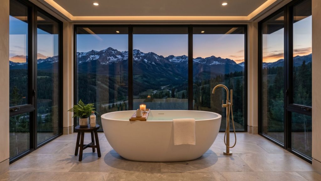 A luxury master bathroom renovation featuring a modern freestanding soaking tub with views of the Colorado mountains.