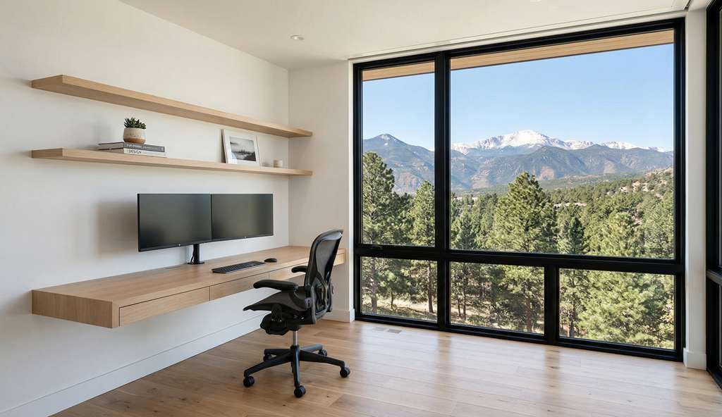 Modern home office design in Colorado mountain home with natural light