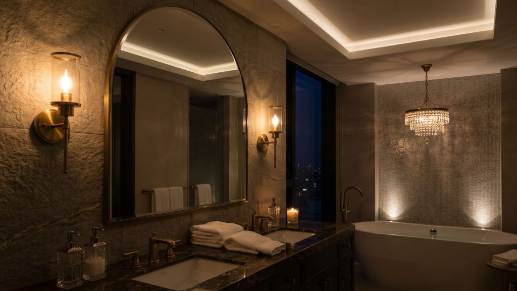 A professional spa bathroom design highlighting layered lighting with eye-level sconces and decorative pendants.