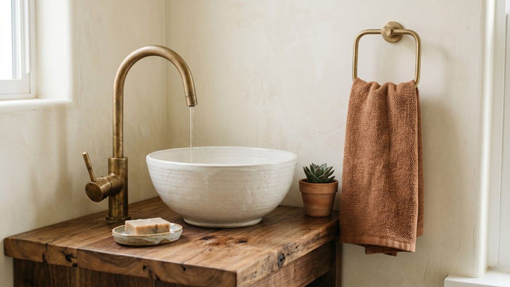 A warm and inviting spa bathroom design using mixed metals, brass fixtures, and natural wood tones.