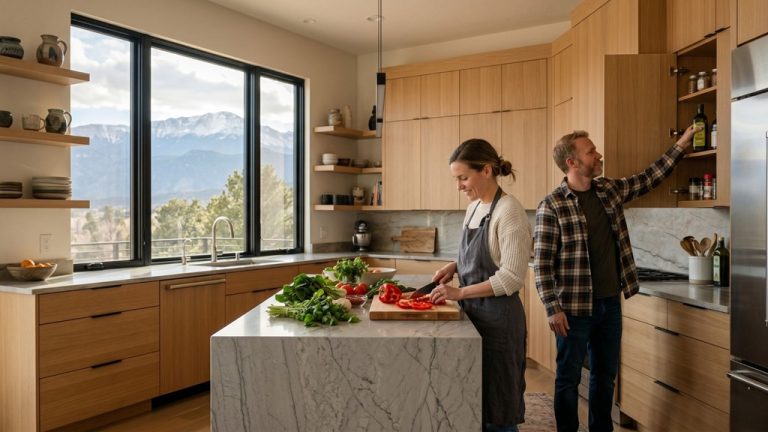 Kitchen remodel Colorado Springs featuring white oak cabinets and Pikes Peak views through large windows