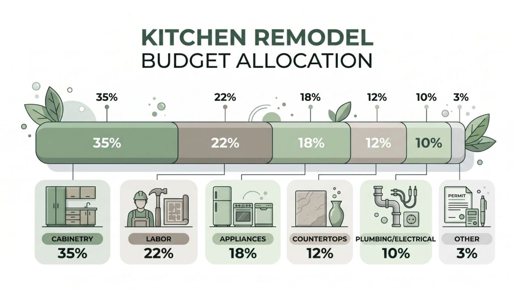 Kitchen remodel cost breakdown showing budget allocation percentages for cabinetry, countertops, appliances, and labor