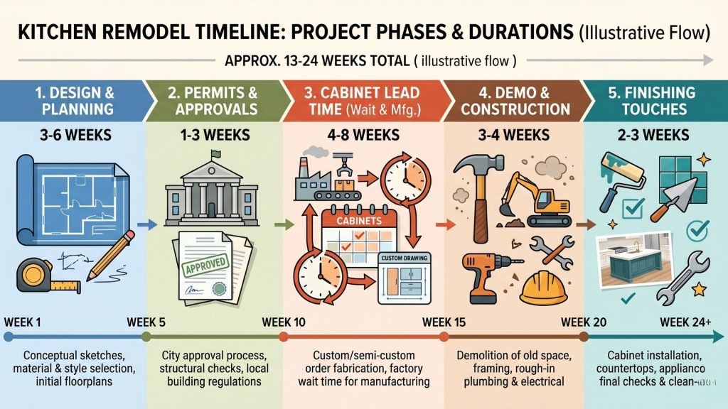 Kitchen remodel timeline infographic showing project phases from design through completion with typical durations