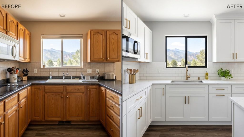 Kitchen renovation before and after transformation in Colorado Springs home showing dated oak cabinets updated to modern white shaker design