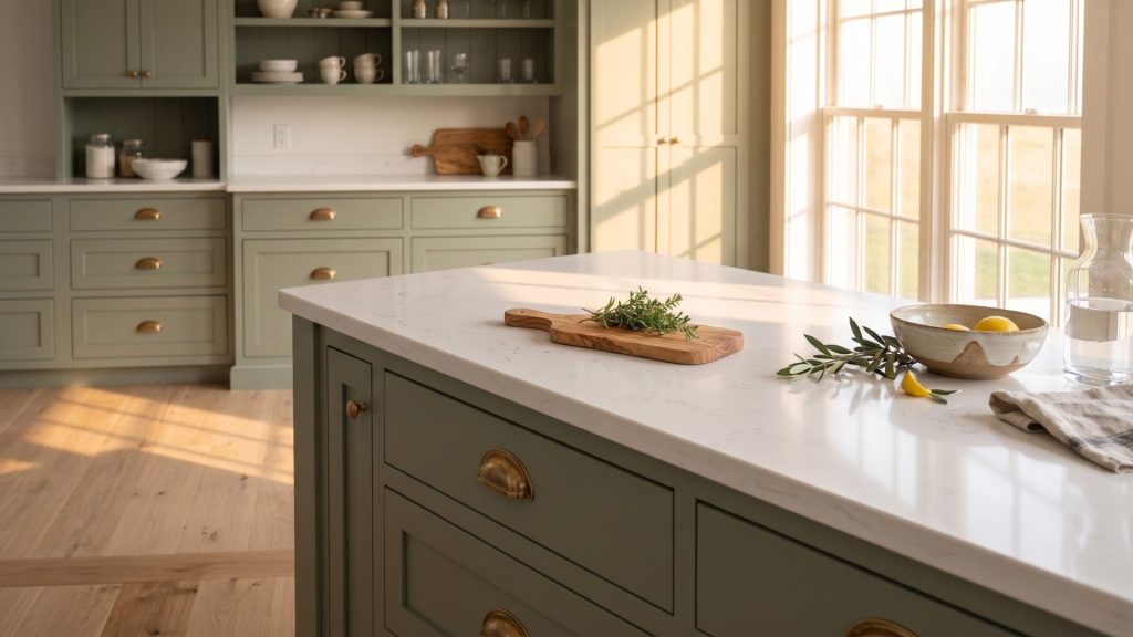 Luxury kitchen design details featuring unlacquered brass hardware on sage green cabinets with quartz countertops