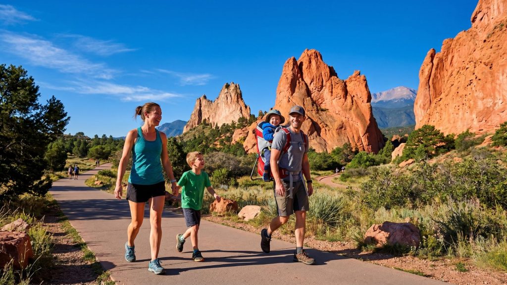Family hiking at Garden of the Gods park Colorado Springs CO
